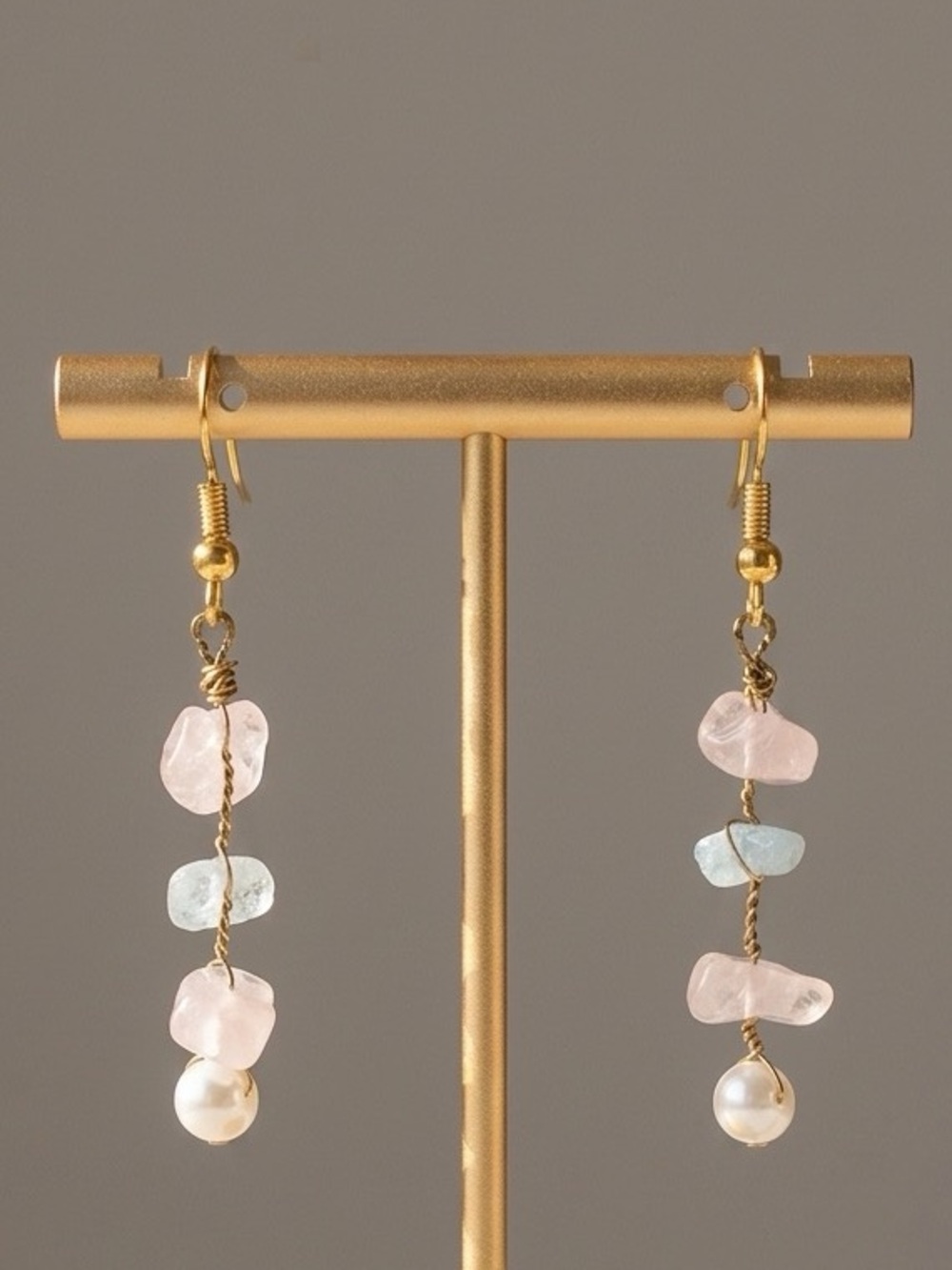 Delicate Pink & Aqua Gemstone Drop Earrings with Pearl